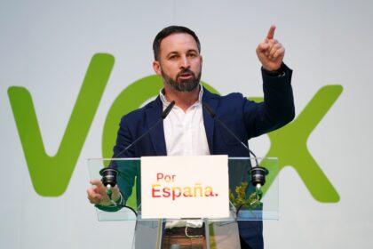 Vox party leader Santiago Abascal, center, listens to the national anthem during a campaign event in Palma de Mallorca earlier this month.